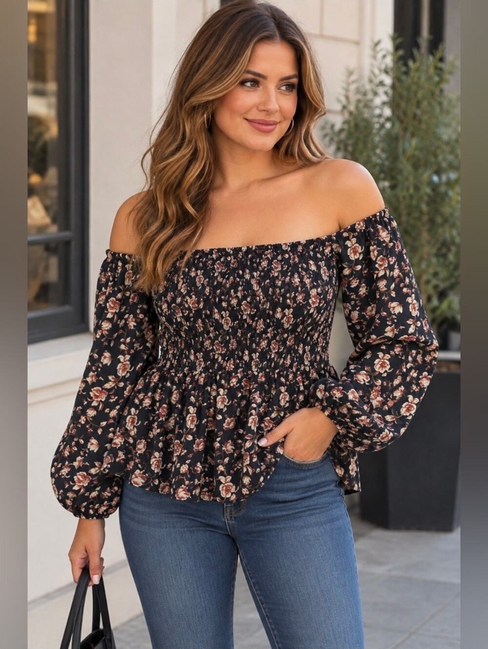Kori Black Floral Smocked Peplum Long-Sleeve Off the shoulder top
